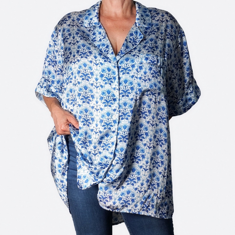 Show Me Your Mumu Satin Button Up Top Plus 3X 22 24 Floral Blue White Blouse